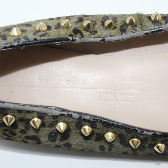 Zara Women Sz 10.5M Pony Hair Leather Green Leopard Print Studded Ballet Flats - Picture 7 of 9